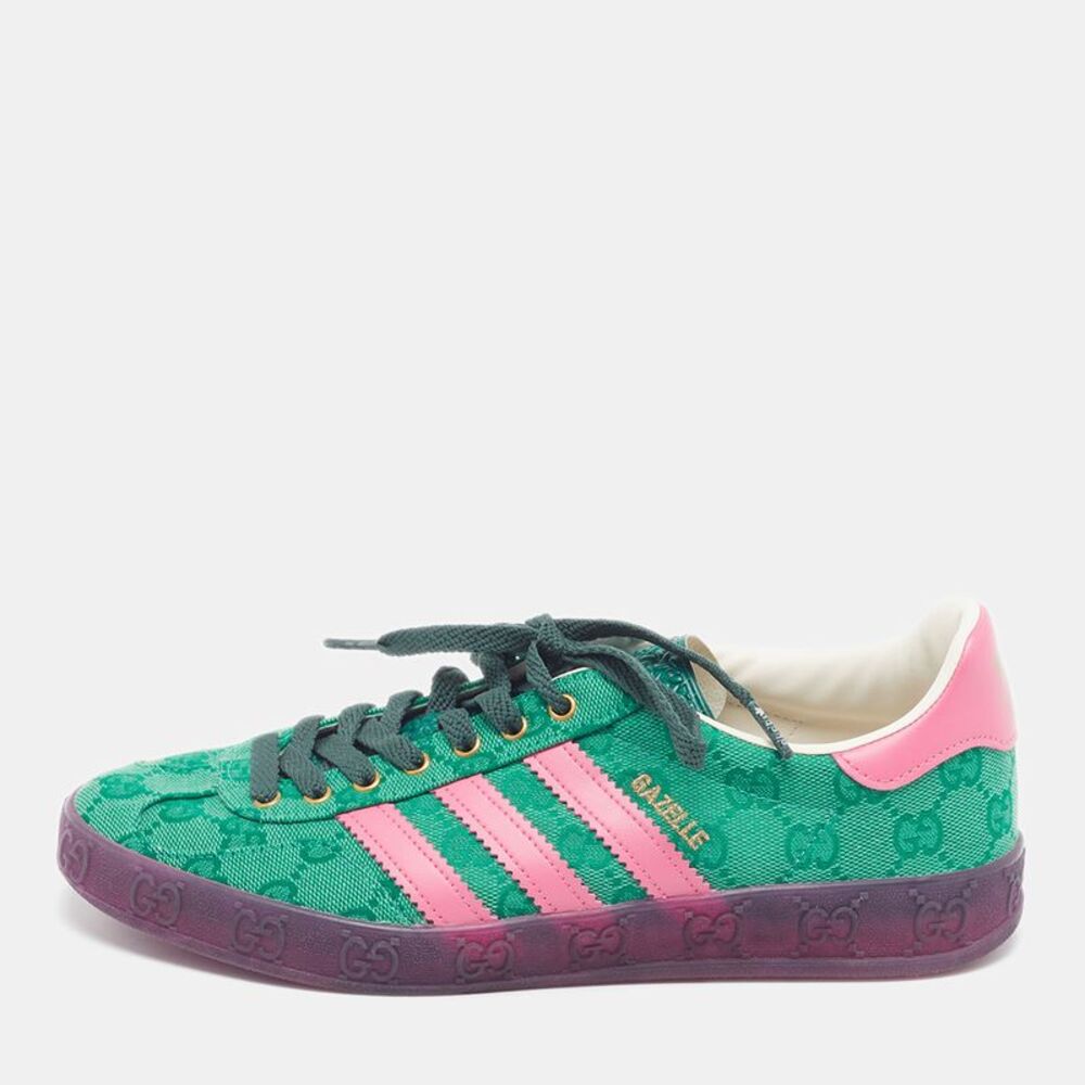 Gucci X Addidas Gazelle Size 38.5 Green/pink Canvas And Leather Lace Up Sneakers